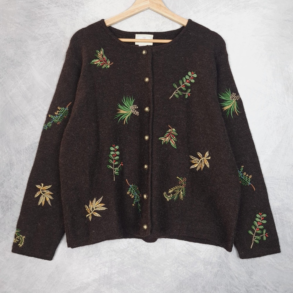 Vntg Susan Bristol Cardigan Sweater Womens Large Wool Embroidered Pine Nature